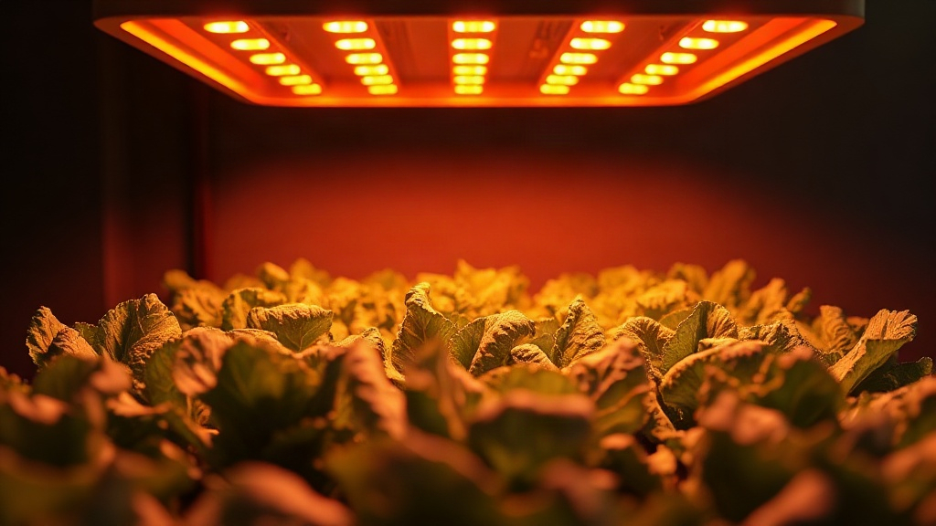 Lettuce growing under orange hydroponic light