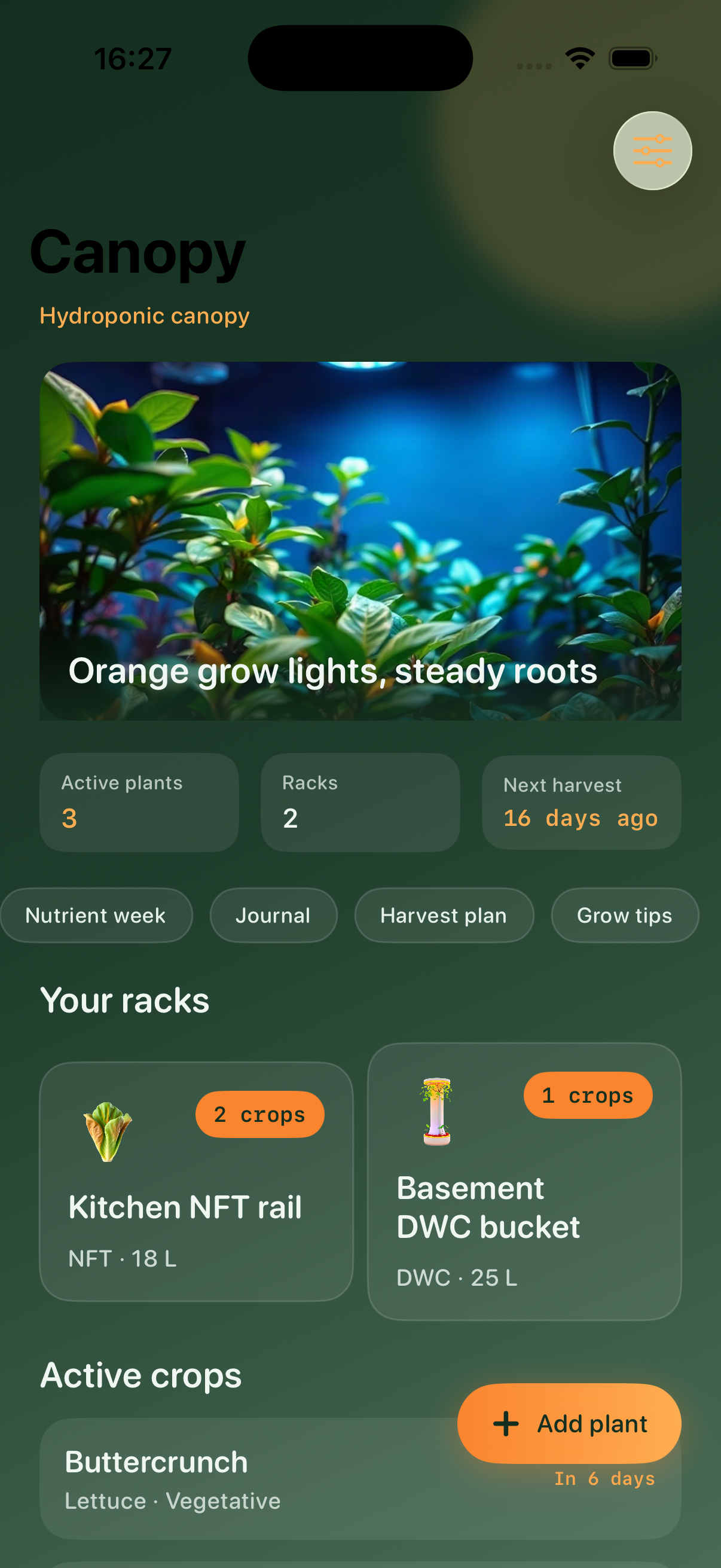 Canopy hub with hydroponic racks