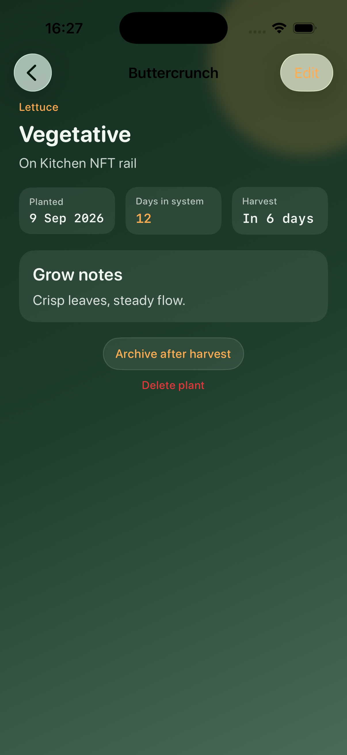 Plant detail with harvest timing